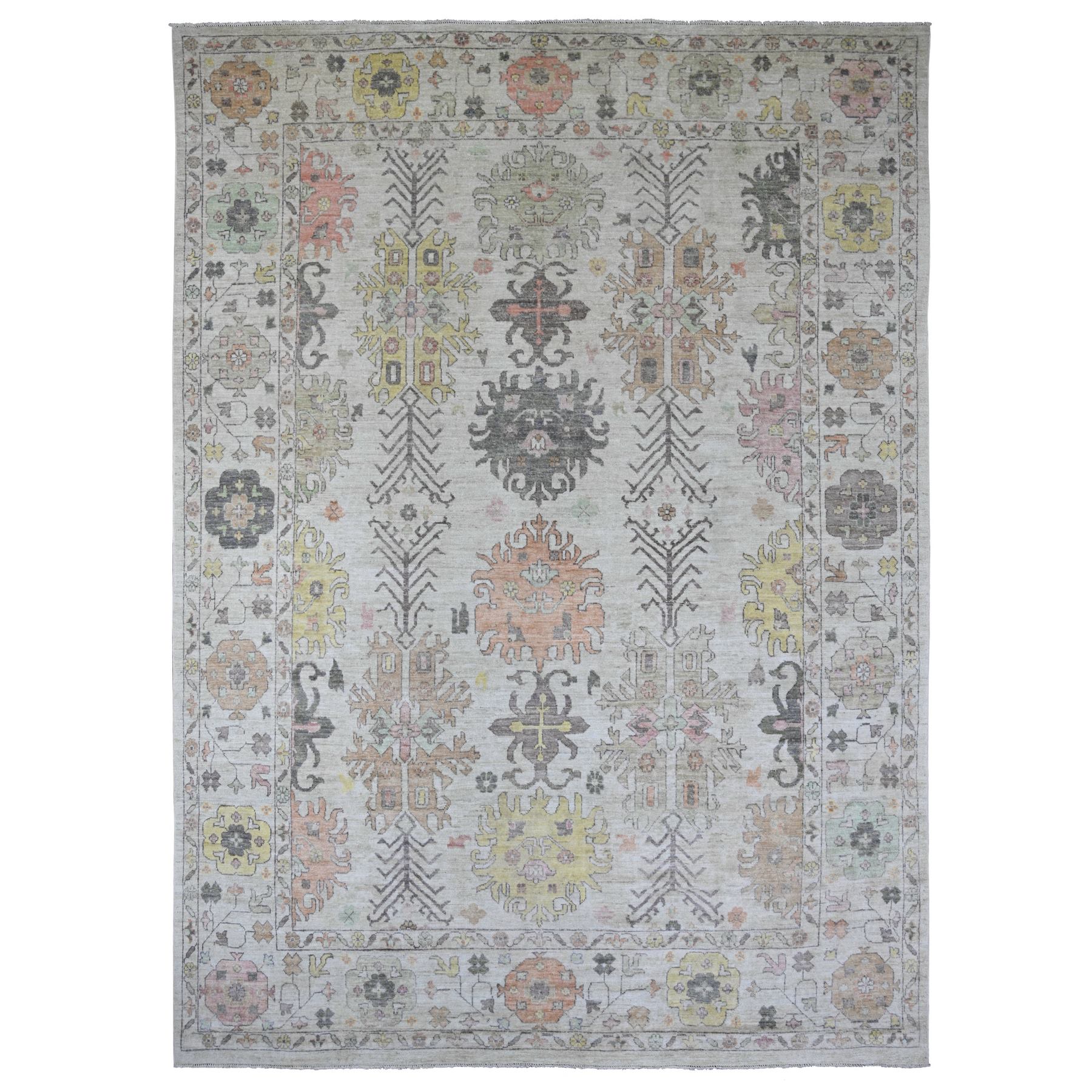 Chiffon White, Afghan Angora Oushak with All Over Leaf Design, Hand Knotted, 100% Wool, Vegetable Dyes, Oriental Rug